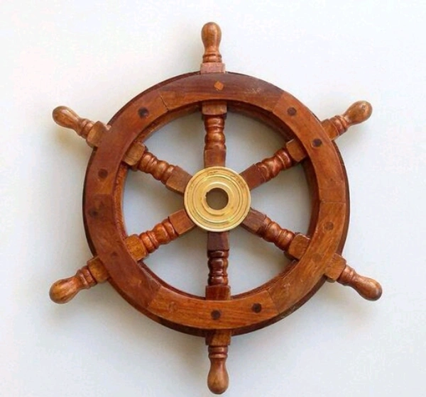Wooden Wall Decore  Hanging   Its center is fitted with a golden brass hub - 12inch,   Wooden,  Ship Wheel,  Pack of 1